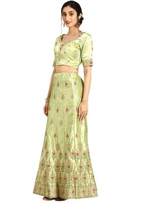 Women Green Embroidery Satin Semi Stitched Lehenga 4