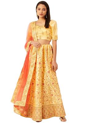 Women Yellow Embroidery Satin Semi Stitched Lehenga 1