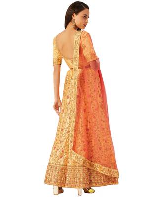 Women Yellow Embroidery Satin Semi Stitched Lehenga 2