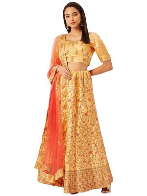 Women Yellow Embroidery Satin Semi Stitched Lehenga 3