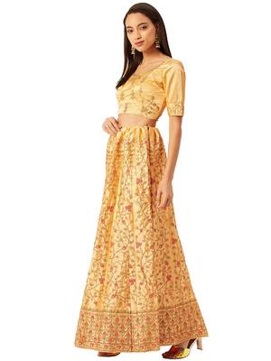 Women Yellow Embroidery Satin Semi Stitched Lehenga 4