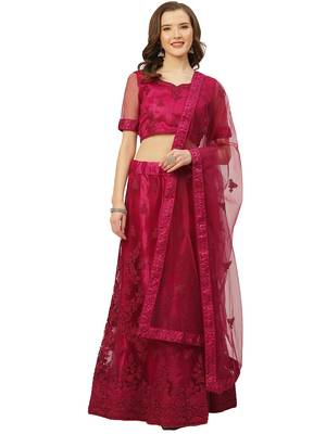Women Purple Embroidery Net Semi Stitched Lehenga 1