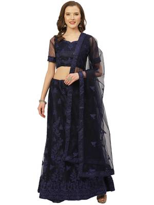 Women Navy Blue Embroidery Net Semi Stitched Lehenga 1