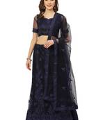 Women Navy Blue Embroidery Net Semi Stitched Lehenga