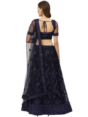 Women Navy Blue Embroidery Net Semi Stitched Lehenga 2