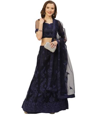 Women Navy Blue Embroidery Net Semi Stitched Lehenga 3
