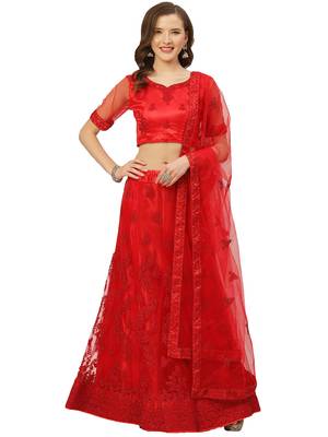 Women Red Embroidery Net Semi Stitched Lehenga 1