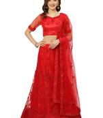 Women Red Embroidery Net Semi Stitched Lehenga