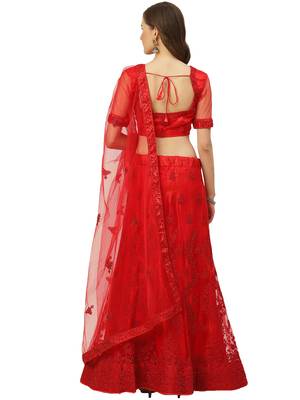 Women Red Embroidery Net Semi Stitched Lehenga 2
