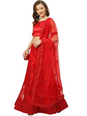 Women Red Embroidery Net Semi Stitched Lehenga 3
