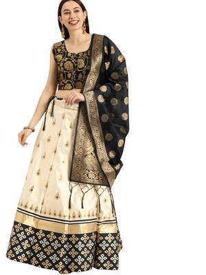 Women Cream Woven Zari Silk Blend Semi Stitched Lehenga 1