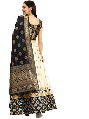 Women Cream Woven Zari Silk Blend Semi Stitched Lehenga 2