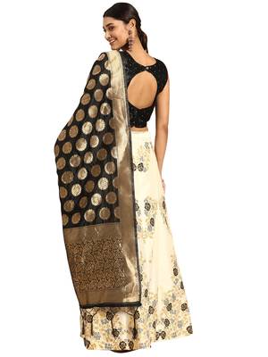 Women Cream Woven Zari Silk Blend Semi Stitched Lehenga 2
