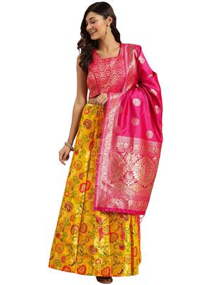 Women Mustard Woven Zari Silk Blend Semi Stitched Lehenga 1
