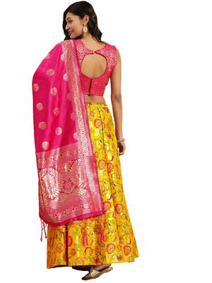 Women Mustard Woven Zari Silk Blend Semi Stitched Lehenga 2