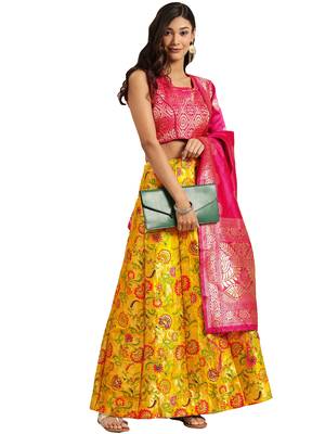 Women Mustard Woven Zari Silk Blend Semi Stitched Lehenga 3