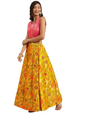 Women Mustard Woven Zari Silk Blend Semi Stitched Lehenga 4