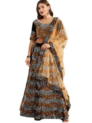 Women Black Sequence Work Velvet Semi Stitched Lehenga 1