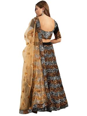 Women Black Sequence Work Velvet Semi Stitched Lehenga 2
