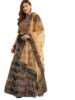 Women Black Sequence Work Velvet Semi Stitched Lehenga 3