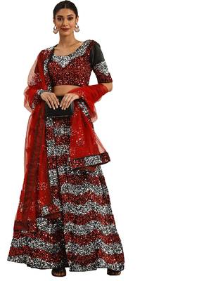 Women Black Sequence Work Velvet Semi Stitched Lehenga 1