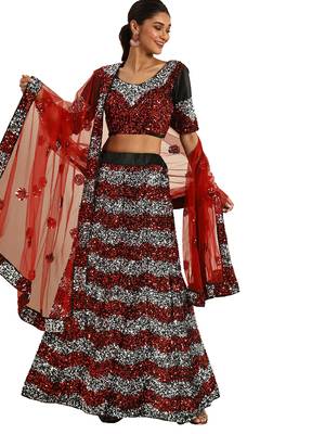 Women Black Sequence Work Velvet Semi Stitched Lehenga 3