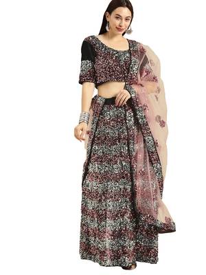 Women Black Sequence Work Velvet Semi Stitched Lehenga 1