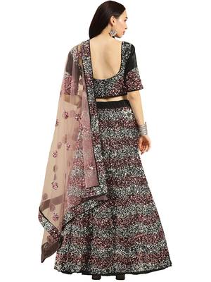 Women Black Sequence Work Velvet Semi Stitched Lehenga 2