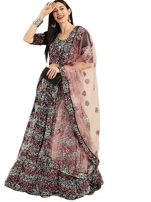 Women Black Sequence Work Velvet Semi Stitched Lehenga 3