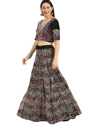 Women Black Sequence Work Velvet Semi Stitched Lehenga 4