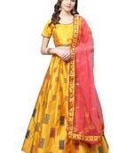 Women Mustard Embroidered Satin Semi Stitched Lehenga