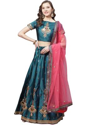 Women Blue Embroidered with Sequence work Satin Semi Stitched Lehenga 1