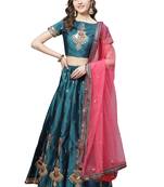 Women Blue Embroidered with Sequence work Satin Semi Stitched Lehenga