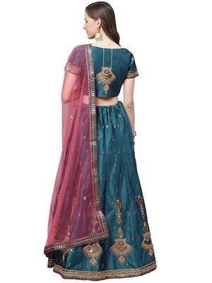 Women Blue Embroidered with Sequence work Satin Semi Stitched Lehenga 2