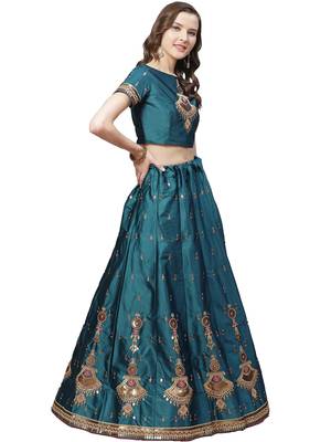 Women Blue Embroidered with Sequence work Satin Semi Stitched Lehenga 3