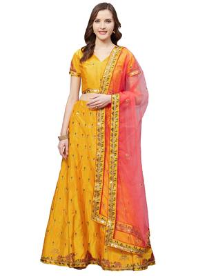 Women Mustard Embroidered Satin Semi Stitched Lehenga 1