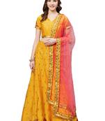 Women Mustard Embroidered Satin Semi Stitched Lehenga