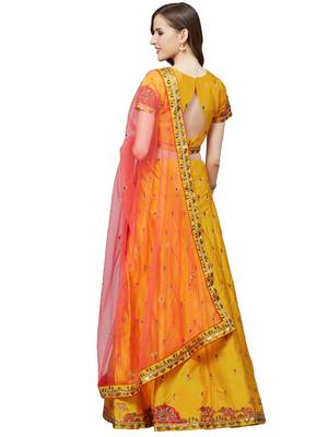 Women Mustard Embroidered Satin Semi Stitched Lehenga 2