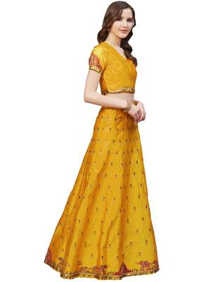 Women Mustard Embroidered Satin Semi Stitched Lehenga 3
