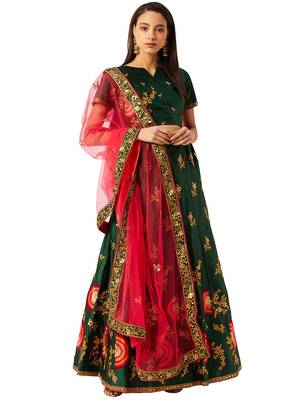 Women Green Embroidery Silk Blend Semi Stitched Lehenga 1