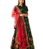 Women Green Embroidery Silk Blend Semi Stitched Lehenga
