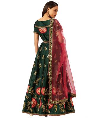 Women Green Embroidery Silk Blend Semi Stitched Lehenga 2