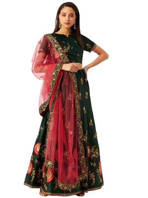 Women Green Embroidery Silk Blend Semi Stitched Lehenga 3