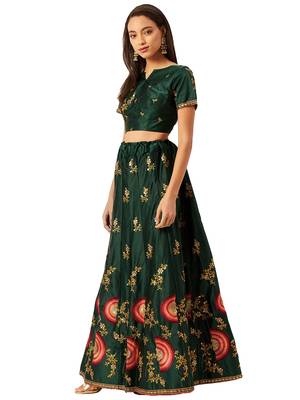 Women Green Embroidery Silk Blend Semi Stitched Lehenga 4