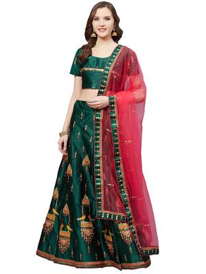 Women Green Embroidered Satin Semi Stitched Lehenga 1