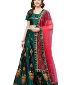Women Green Embroidered Satin Semi Stitched Lehenga
