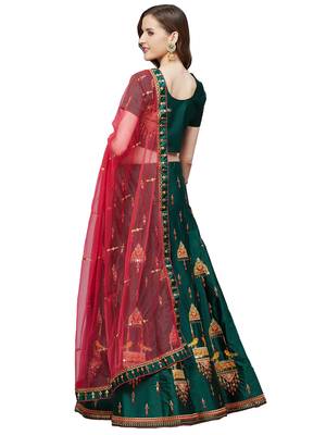 Women Green Embroidered Satin Semi Stitched Lehenga 2