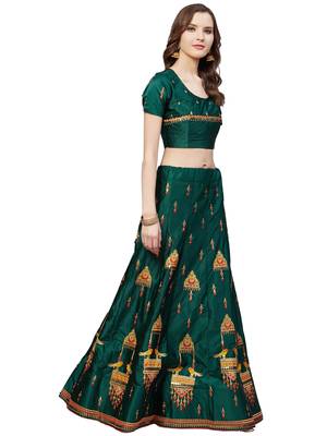 Women Green Embroidered Satin Semi Stitched Lehenga 3