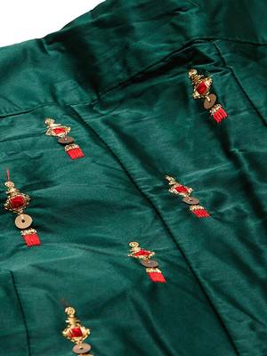 Women Green Embroidered Satin Semi Stitched Lehenga 4