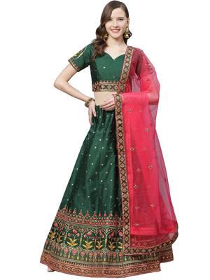 Women Green Embroidered Silk Blend Semi Stitched Lehenga 1